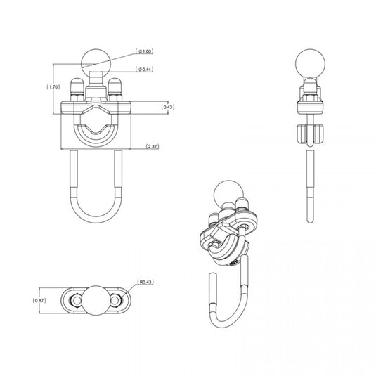 RAM-B-231 U-Bolt Base, up to 1" OD with 1" ball (Stainless U-Bolt)