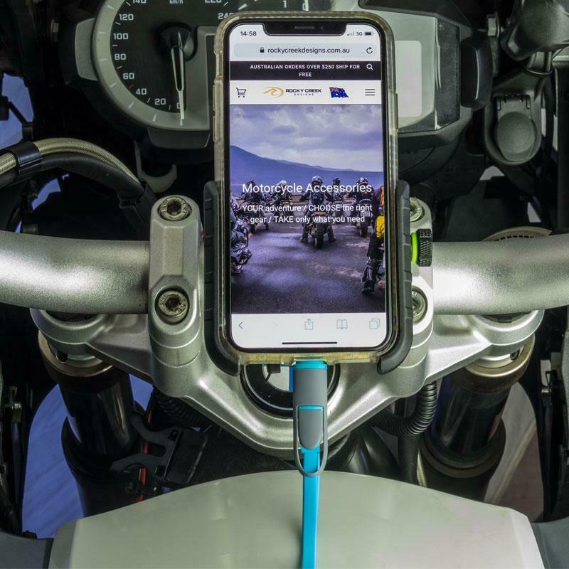 Load image into Gallery viewer, UNIVERSAL MOTORCYCLE PHONE MOUNT WITH USB CHARGE PORT BLACK-Rocky Creek PA020
